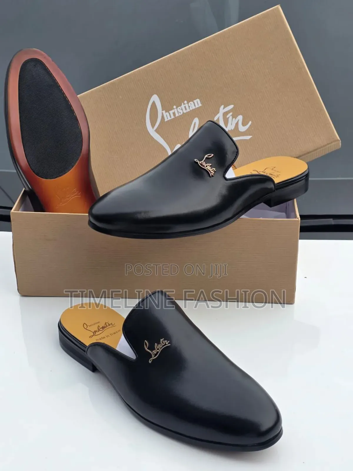 Black Leather Christian Louboutin Luxury Men's Half Shoes