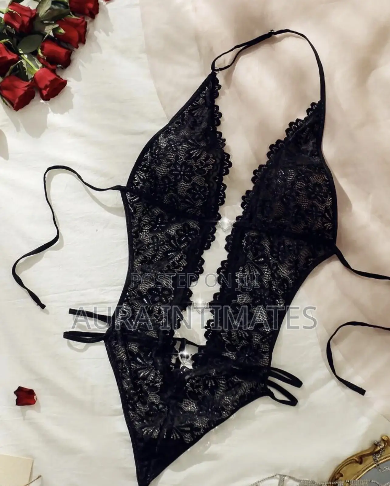Floral Lace Rhinestone Bodysuit Lingerie