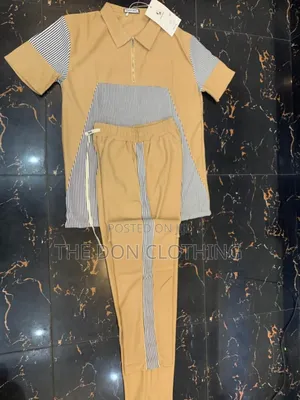 Tan and Navy Stripe Panels Ribbed Polo Set