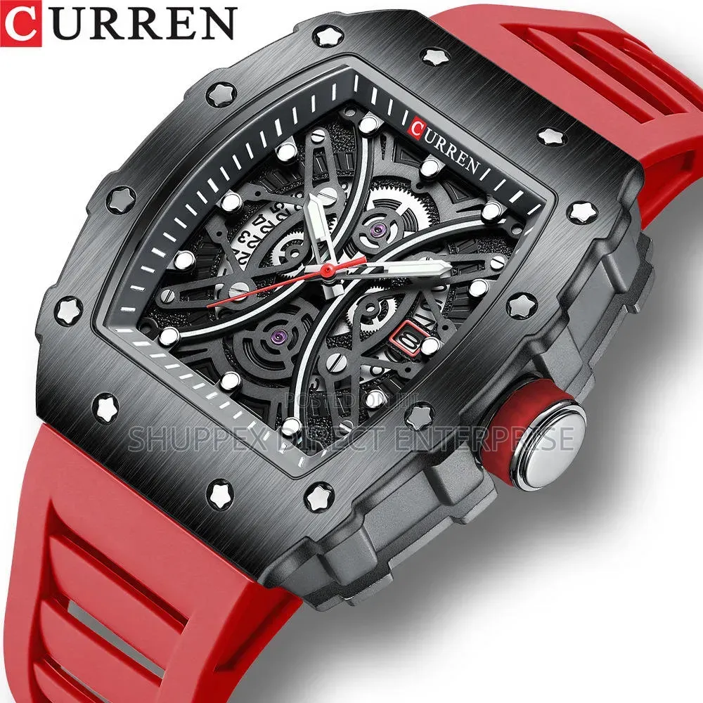 Curren 8438 Red Silicone Strap Watch for Men Sports Casual Wristwathes