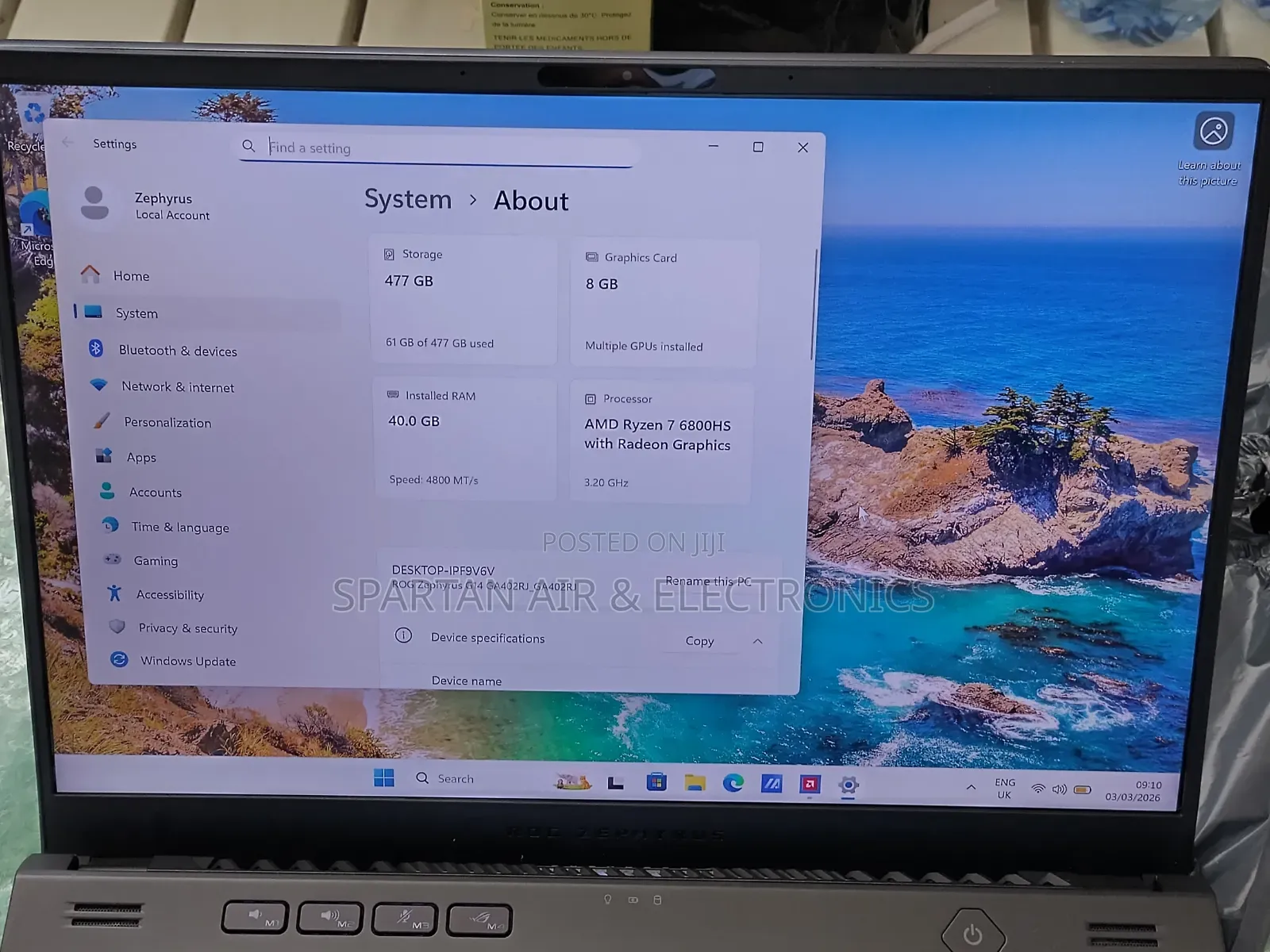 Laptop Asus ROG Zephyrus G14 40GB AMD Ryzen 7 SSD 512GB