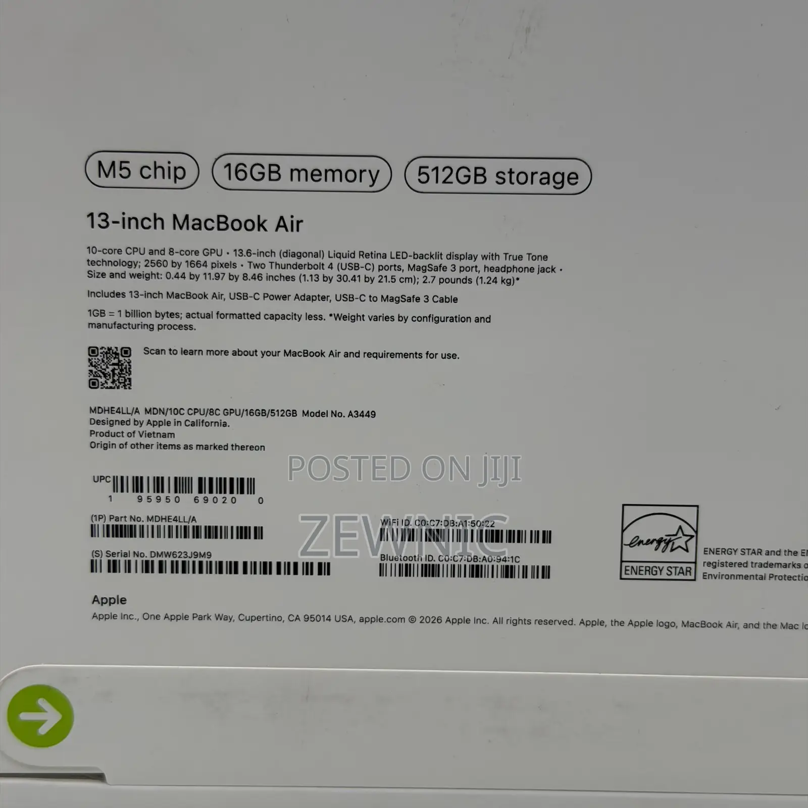 New Laptop Apple MacBook Air 2026 M5 13-inch 16GB Apple M5 SSD 512GB