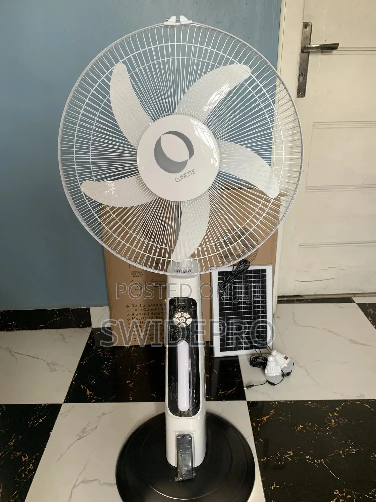 Rechargeable Solar Fan 18 Inches + Bulbs  ,Remote and Adapter
