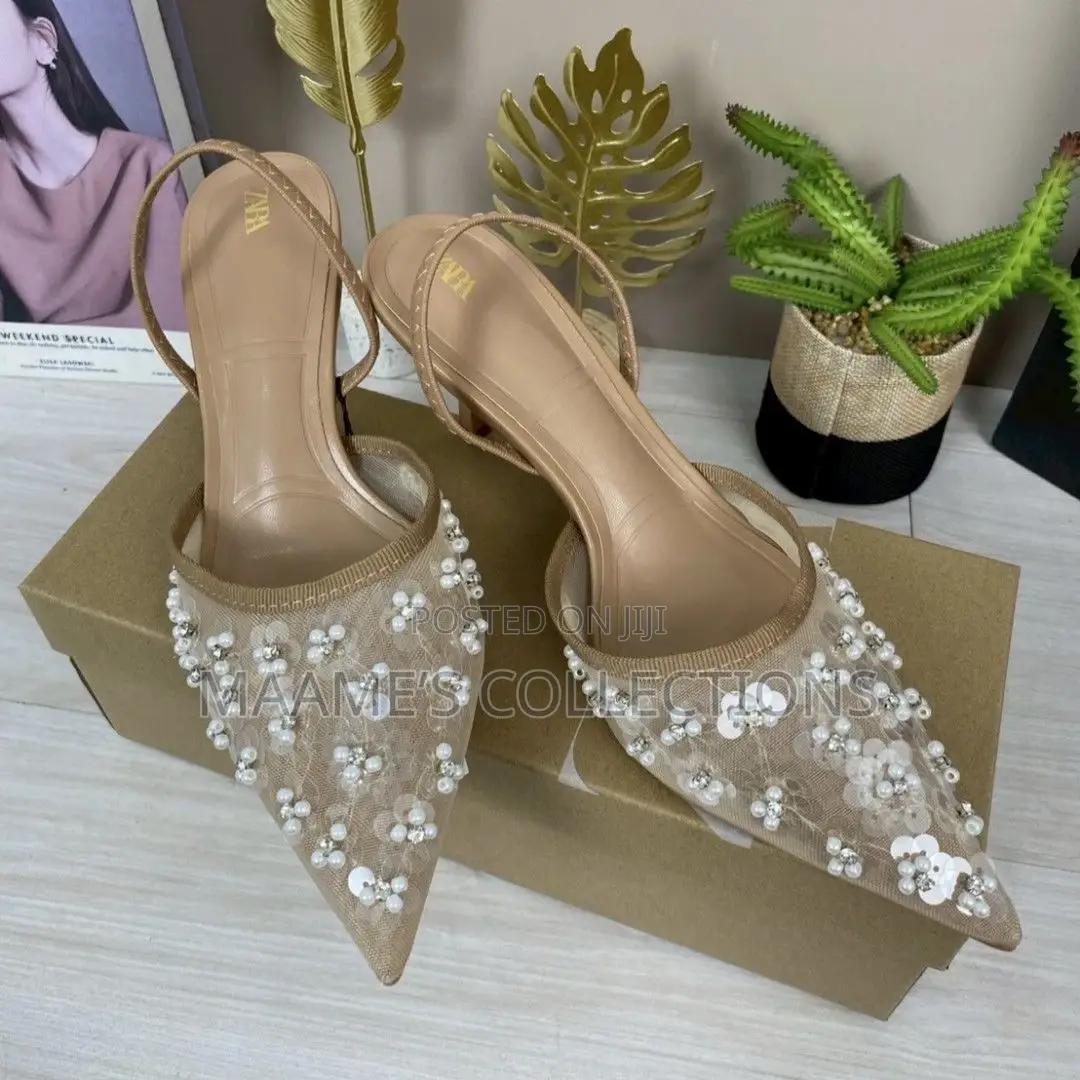 Zara Pearl and Sequin Embellished Slingback Heels.