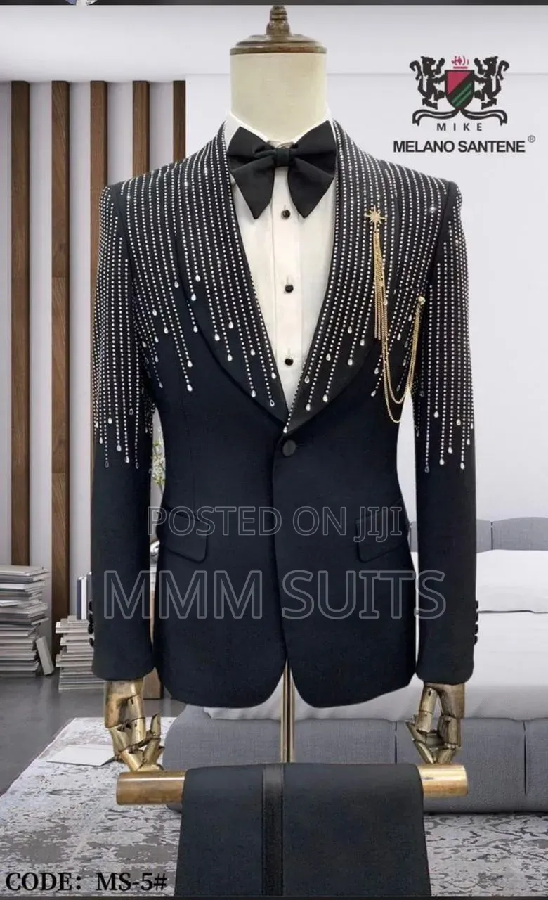 Eloquent Shoulder Stoned 3-Piece Turkish Designer Men Suit in Black