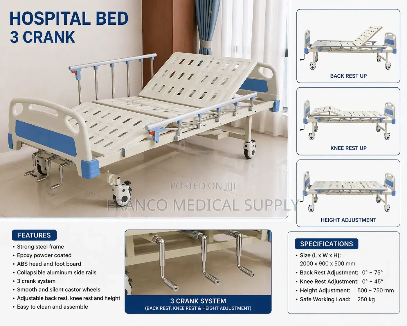 Hospital Bed With Mattress (3 Crank)