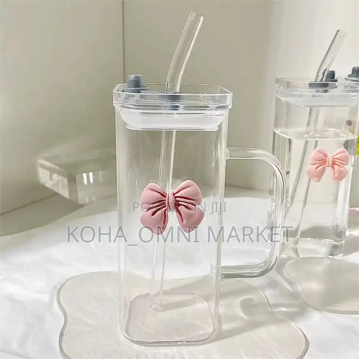 Cute Bow Glass Cup + Glass Straw (In Box)