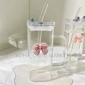 Cute Bow Glass Cup + Glass Straw (In Box)