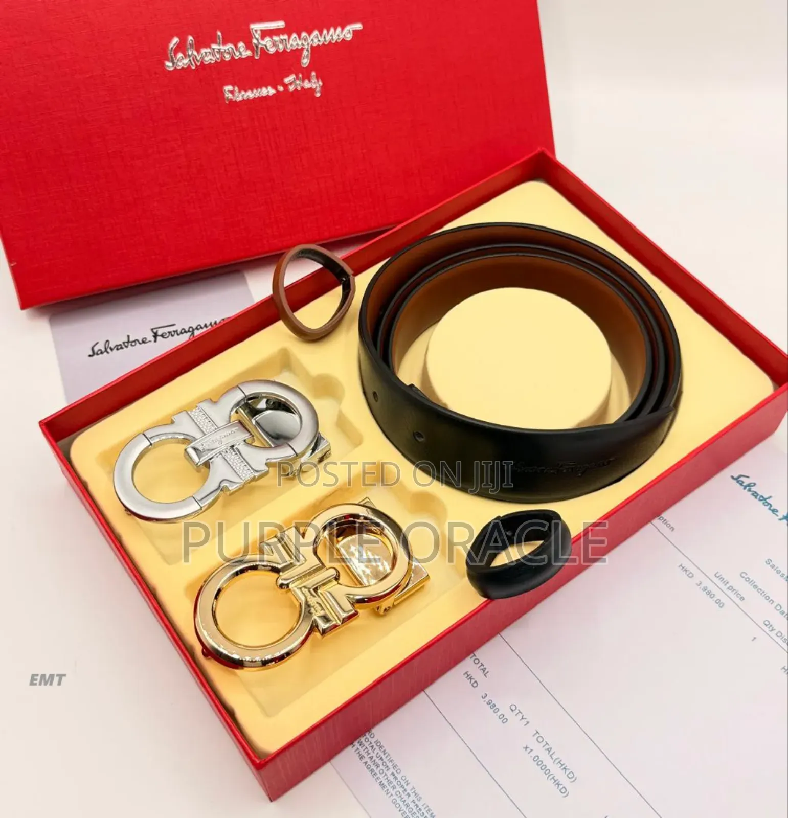 Salvatore Ferragamo Double Buckle Leather Belt Set.