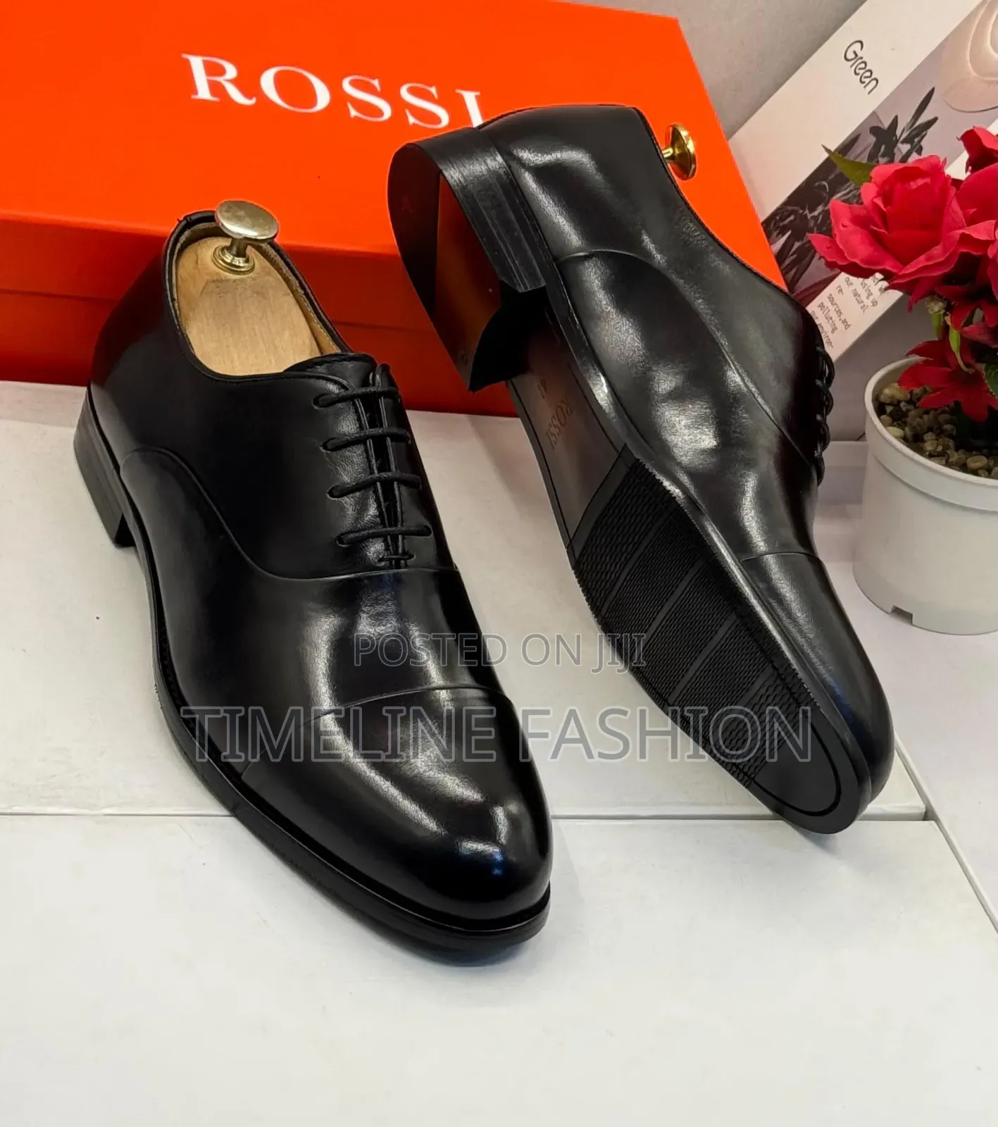 Rossi Black Leather Men's Toe Cap Oxford Shoes