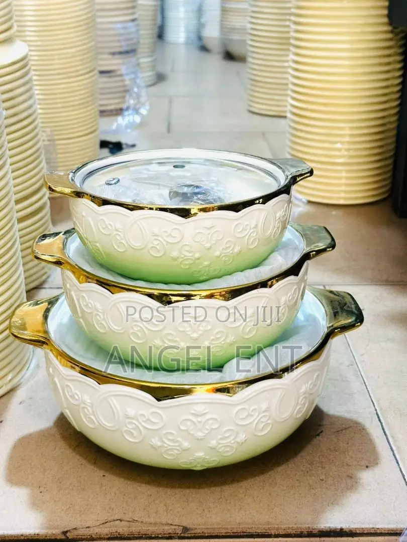 3 Piece Quality Ceramic Serving Pot Set With Glass Lids (Location:Ksi)