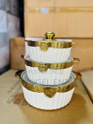 3 Piece Quality Ceramic Serving Pot Set With Glass Lids (Location:Ksi)