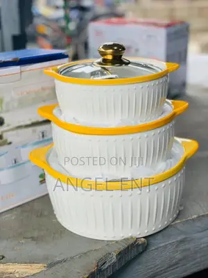 3 Piece Quality Ceramic Serving Pot Set With Glass Lids (Location:Ksi)