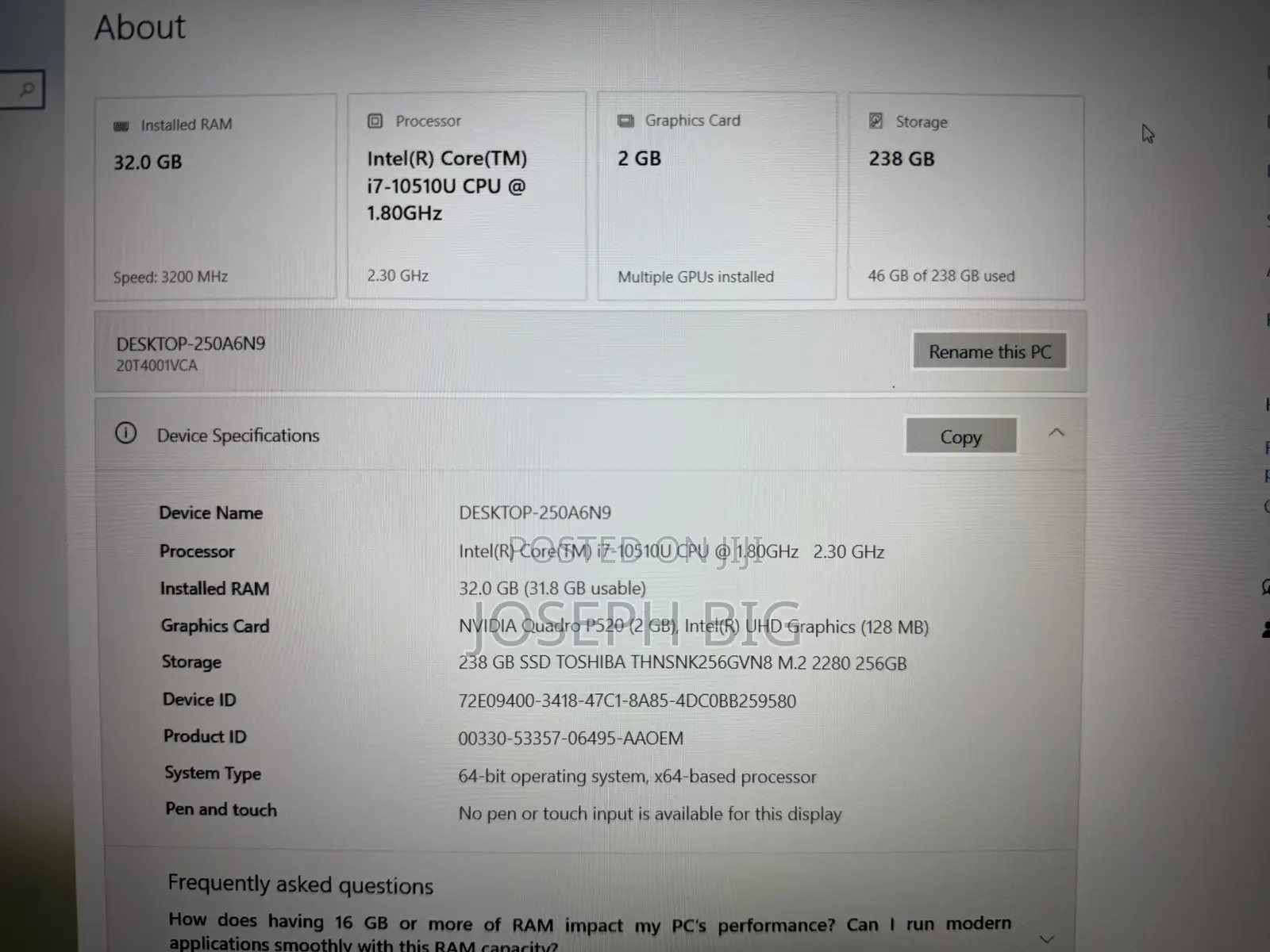 Laptop Lenovo ThinkPad P15s 32GB Intel Core i7 SSD 256GB
