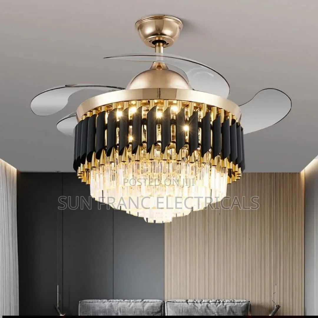 Modern Retractable Blade Crystalchandelier Ceiling Fan Gold and Black