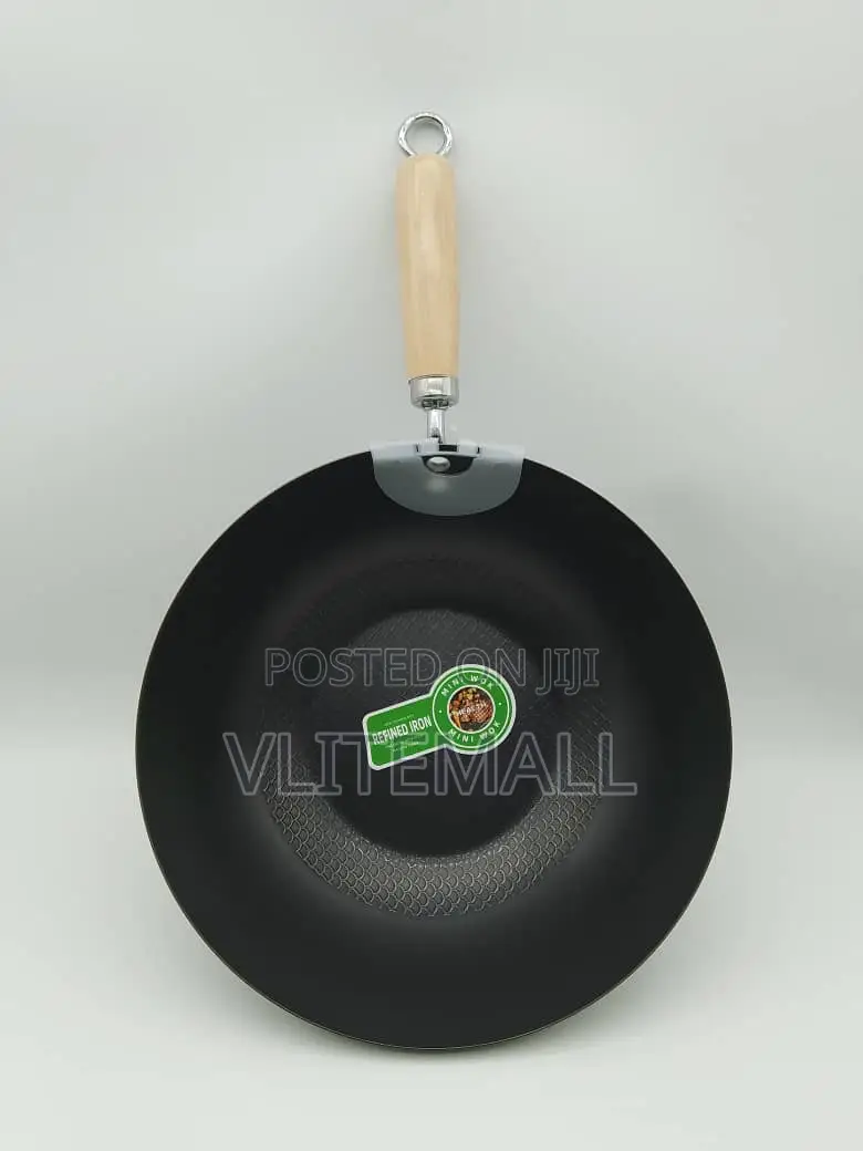 Refined Iron Wok With a Wooden Handle