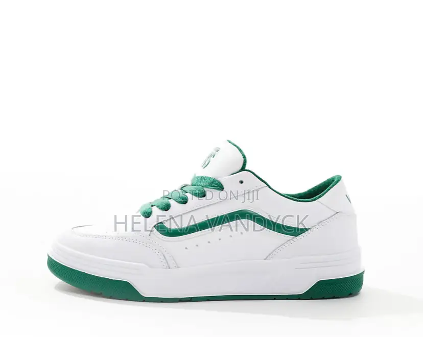 Vans Hylane Chunky Leather Sneakers in a White and Pop Green Colorway.