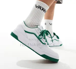 Vans Hylane Chunky Leather Sneakers in a White and Pop Green Colorway.