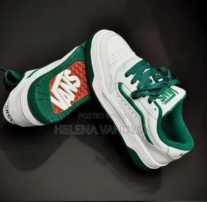 Vans Hylane Chunky Leather Sneakers in a White and Pop Green Colorway.