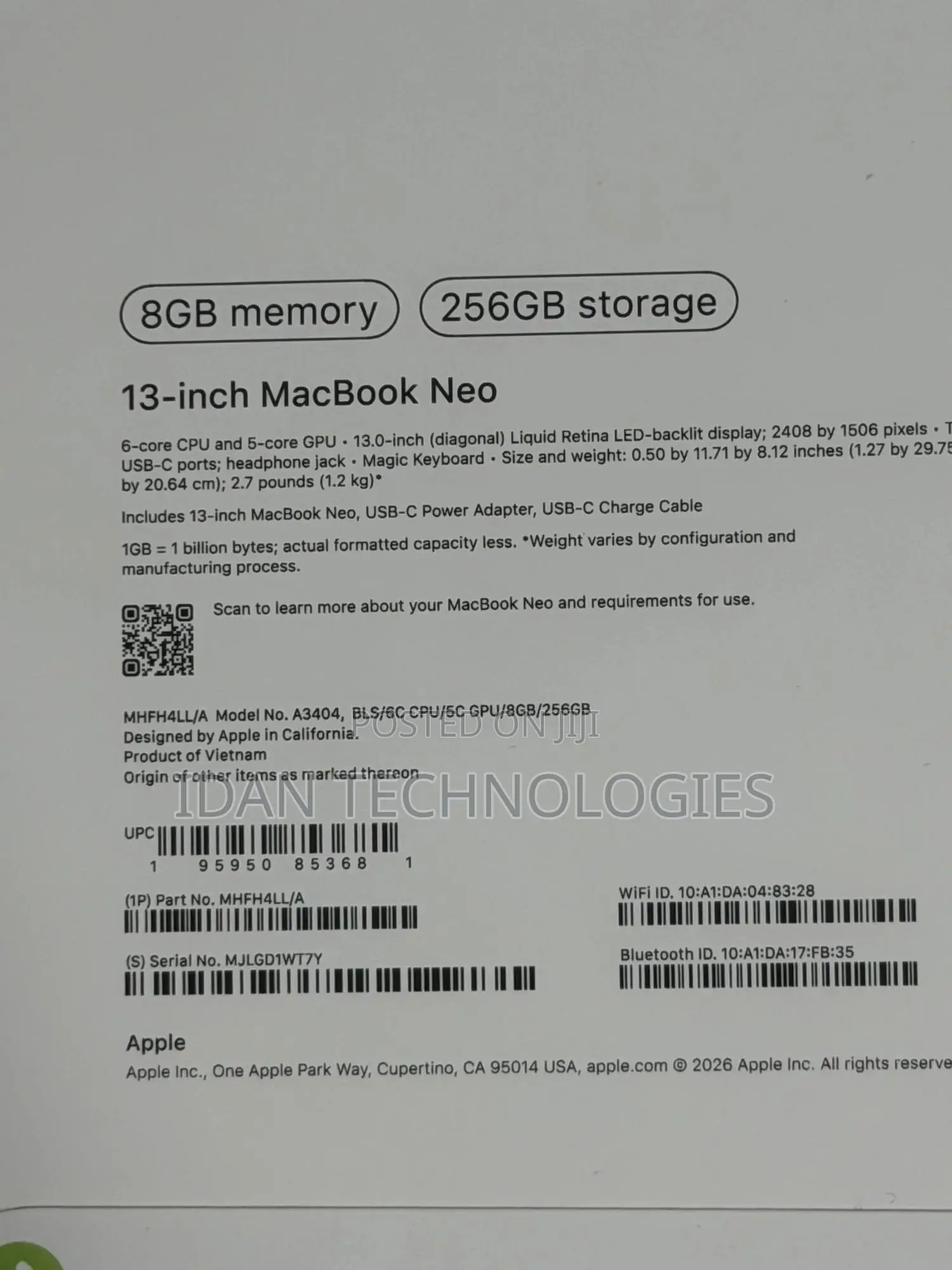 New Laptop Apple MacBook Neo 2026 8GB SSD 256GB
