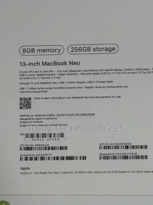 New Laptop Apple MacBook Neo 2026 8GB SSD 256GB