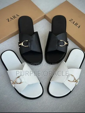 Zara Flat Leather Slides With Metal Buckle Detail
