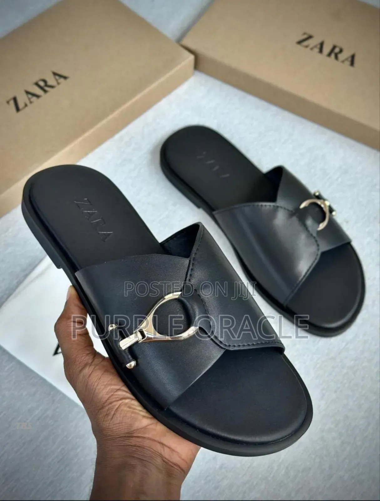 Zara Flat Leather Slides With Metal Buckle Detail