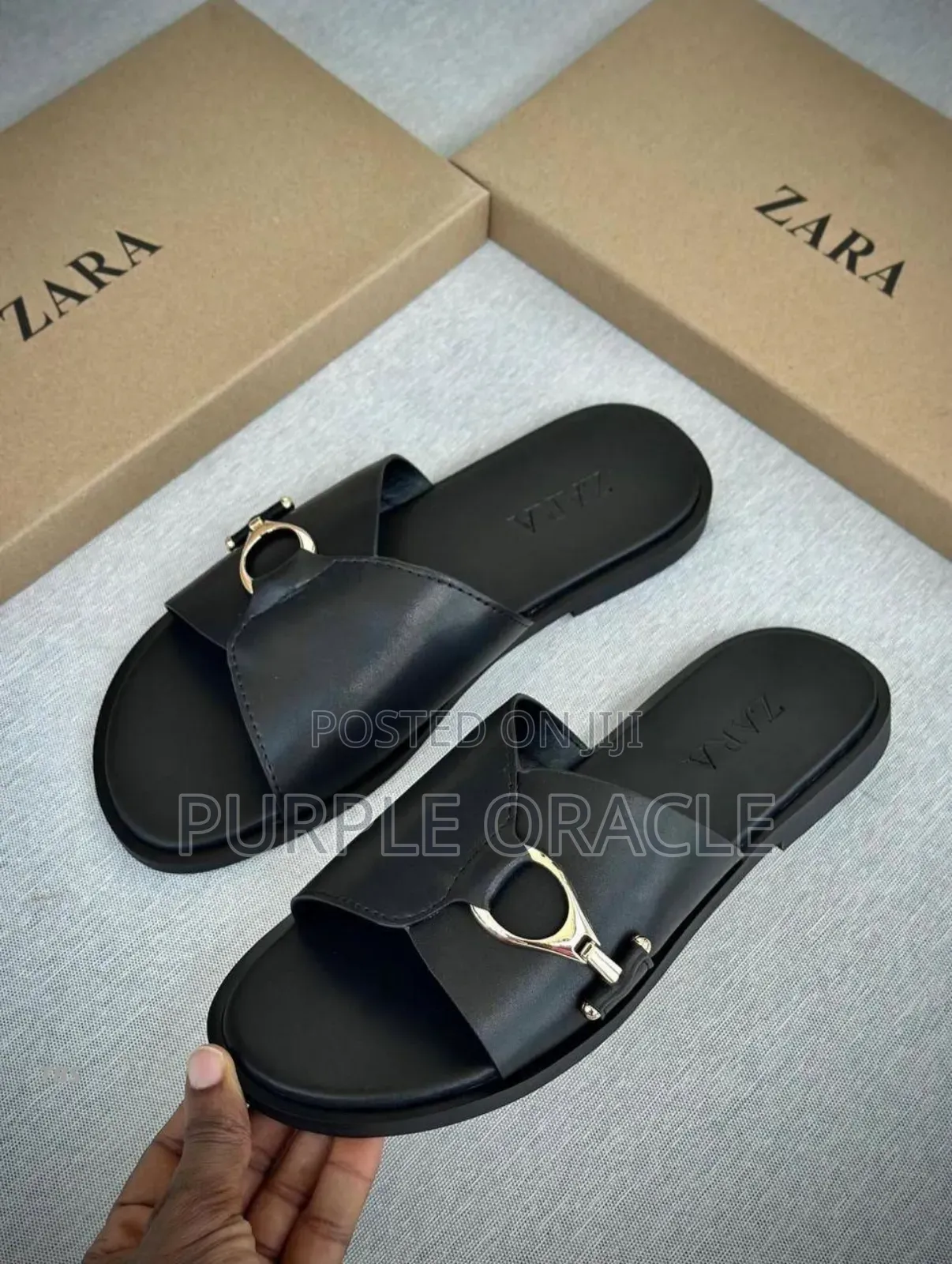 Zara Flat Leather Slides With Metal Buckle Detail