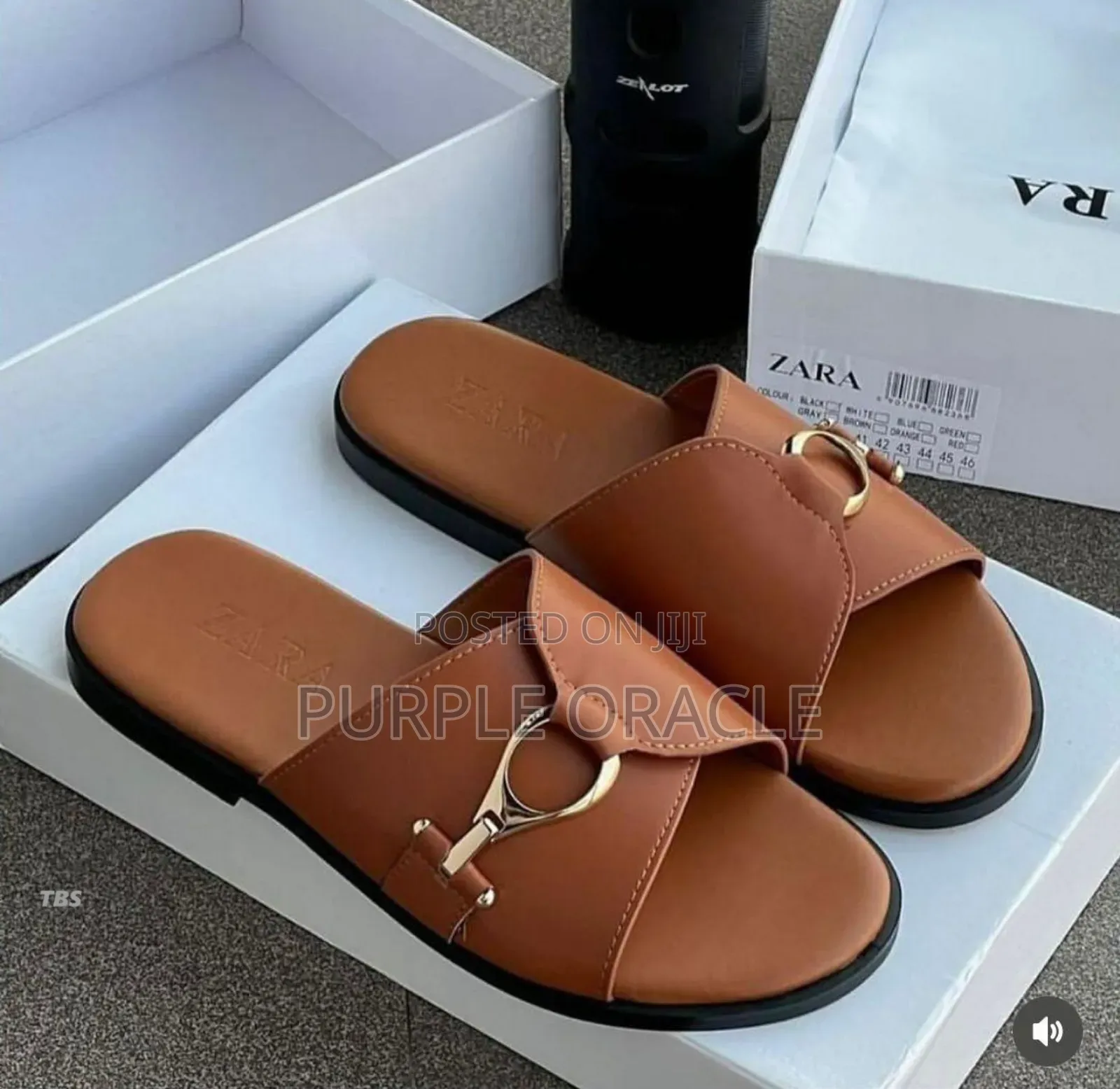 Zara Flat Leather Slides With Metal Buckle Detail