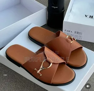 Zara Flat Leather Slides With Metal Buckle Detail