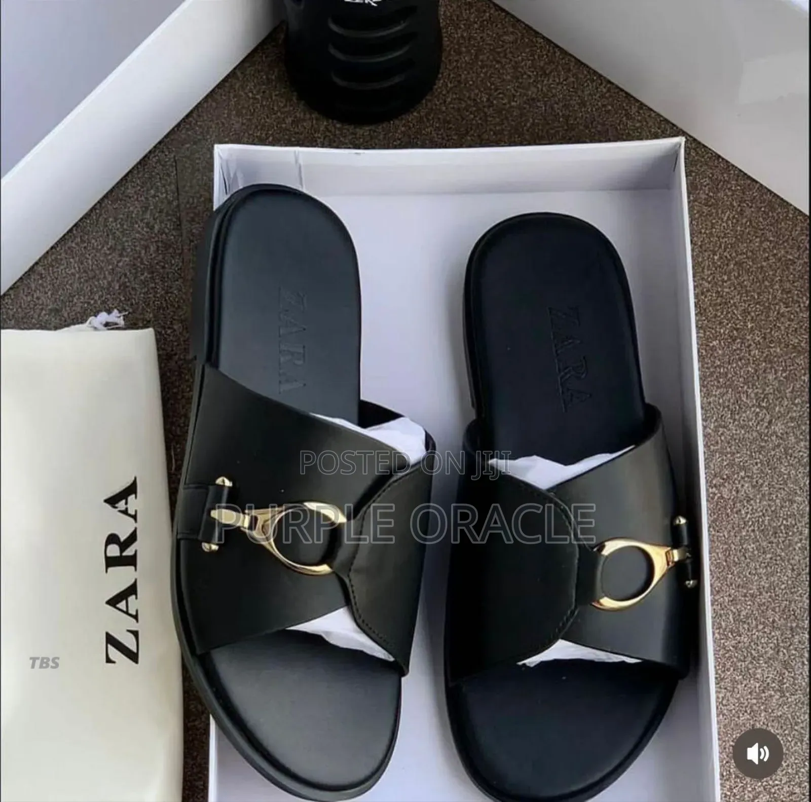 Zara Flat Leather Slides With Metal Buckle Detail