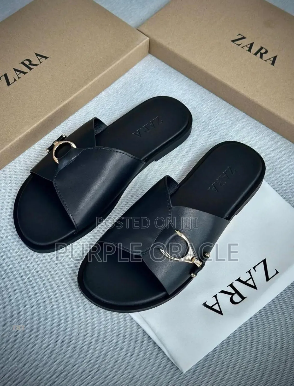 Zara Flat Leather Slides With Metal Buckle Detail