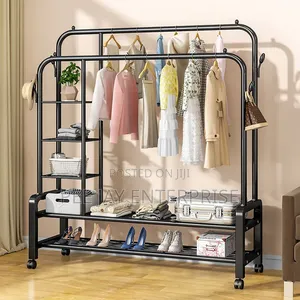 Black Metal Double-rod Clothes Rack With Side Shelves And Wheels