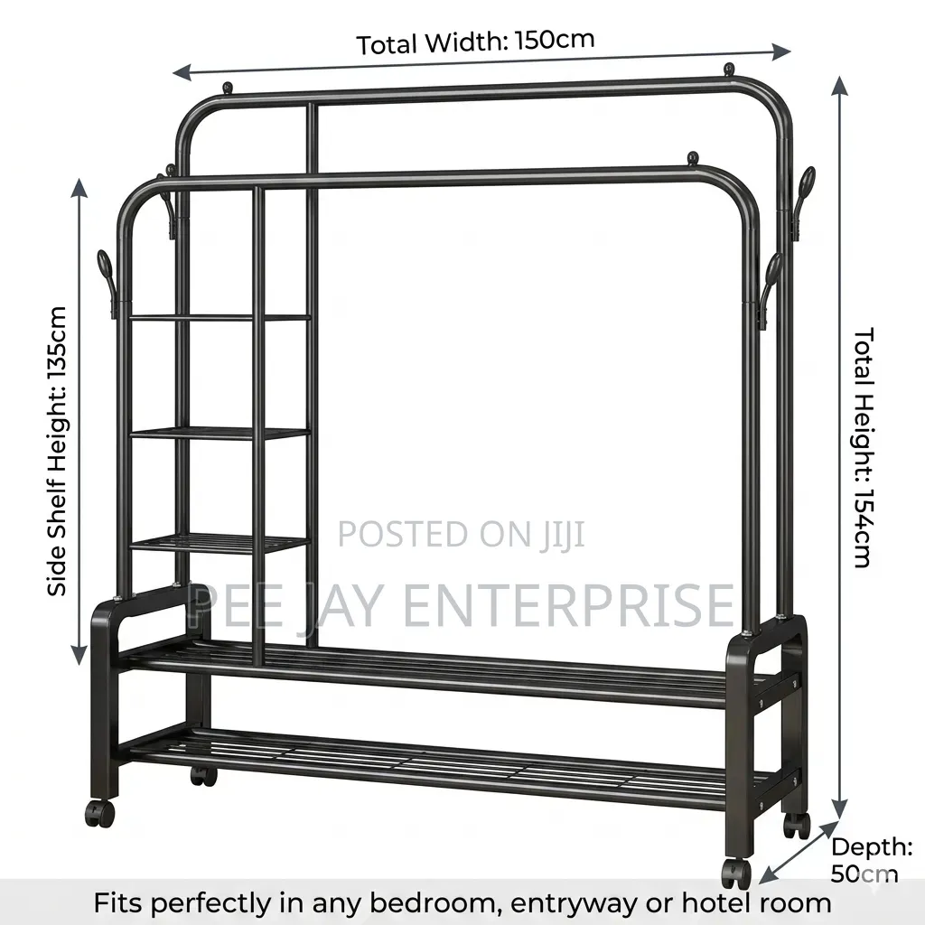 Black Metal Double-rod Clothes Rack With Side Shelves And Wheels