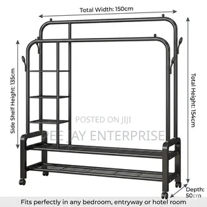 Black Metal Double-rod Clothes Rack With Side Shelves And Wheels