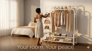 Black Metal Double-rod Clothes Rack With Side Shelves And Wheels