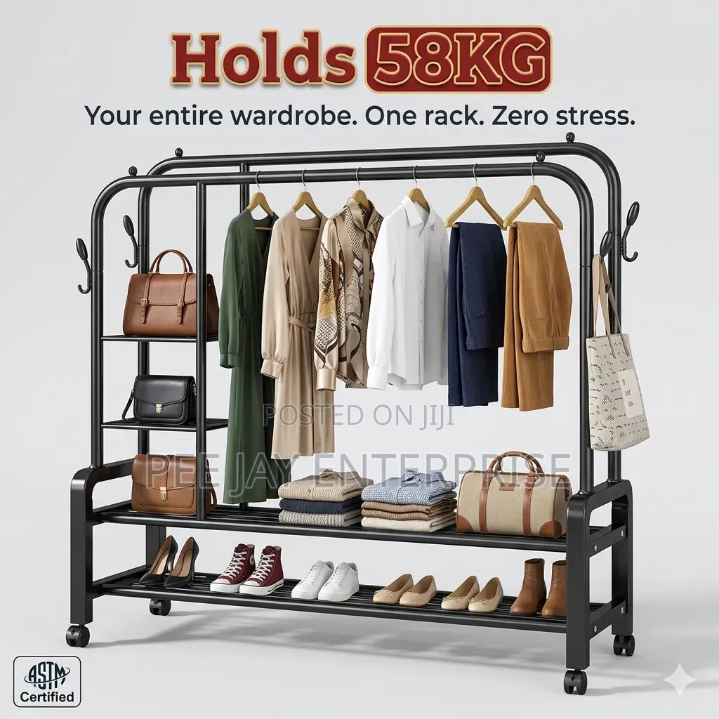Black Metal Double-rod Clothes Rack With Side Shelves And Wheels