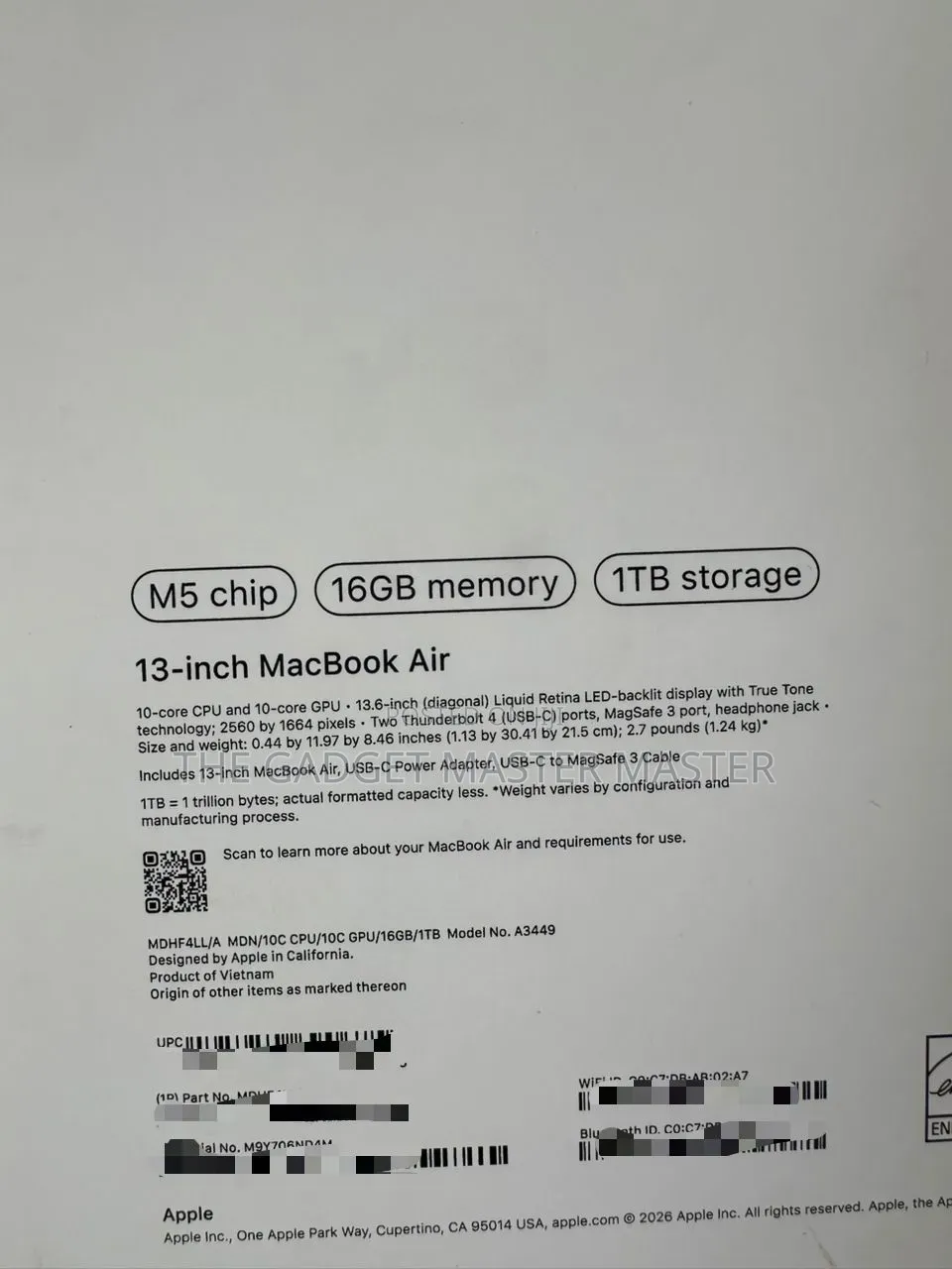 New Laptop Apple MacBook Air 2026 M5 13-inch 16GB Apple M5 SSD 1T
