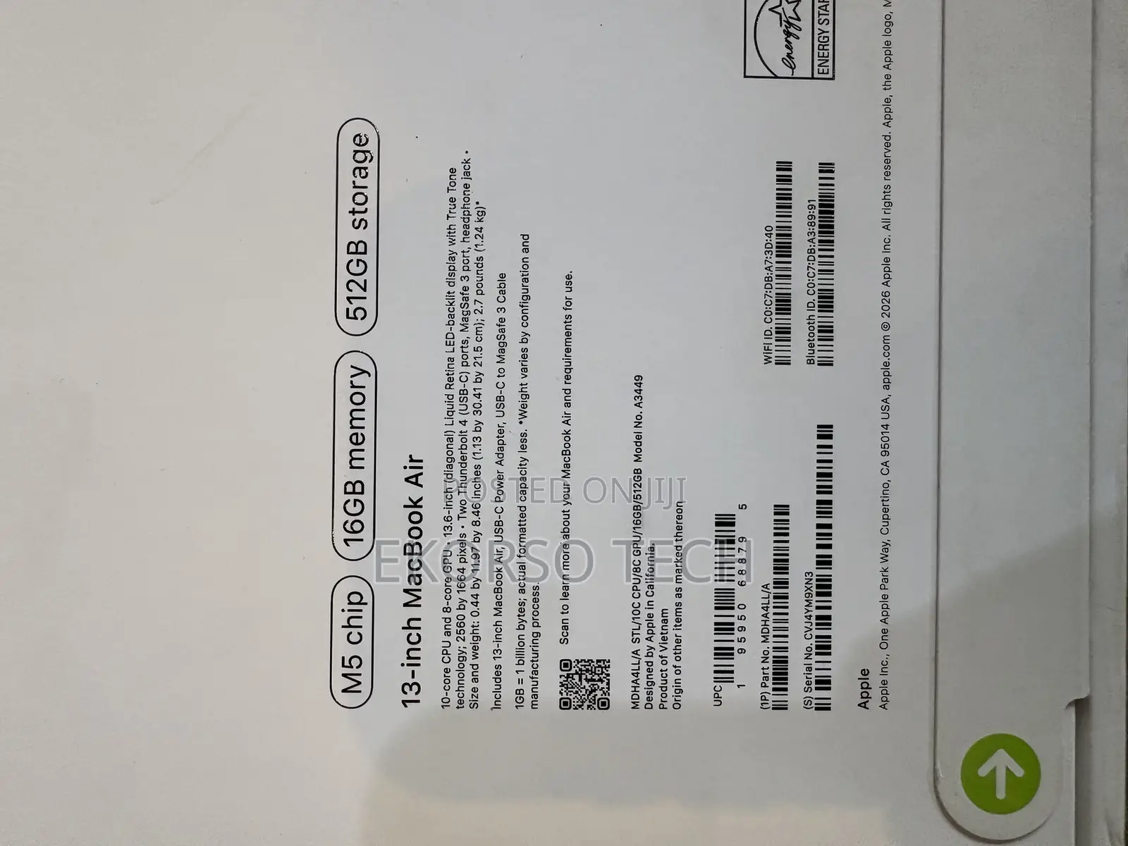 New Laptop Apple MacBook Air 2026 M5 13-inch 16GB Apple M5 SSD 512GB