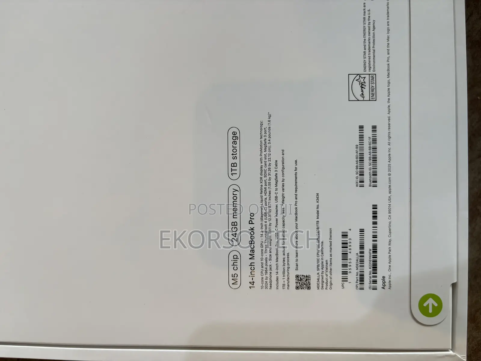 New Laptop Apple MacBook Pro 2025 M5 14-inch 24GB Apple M5 Pro SSD 1T
