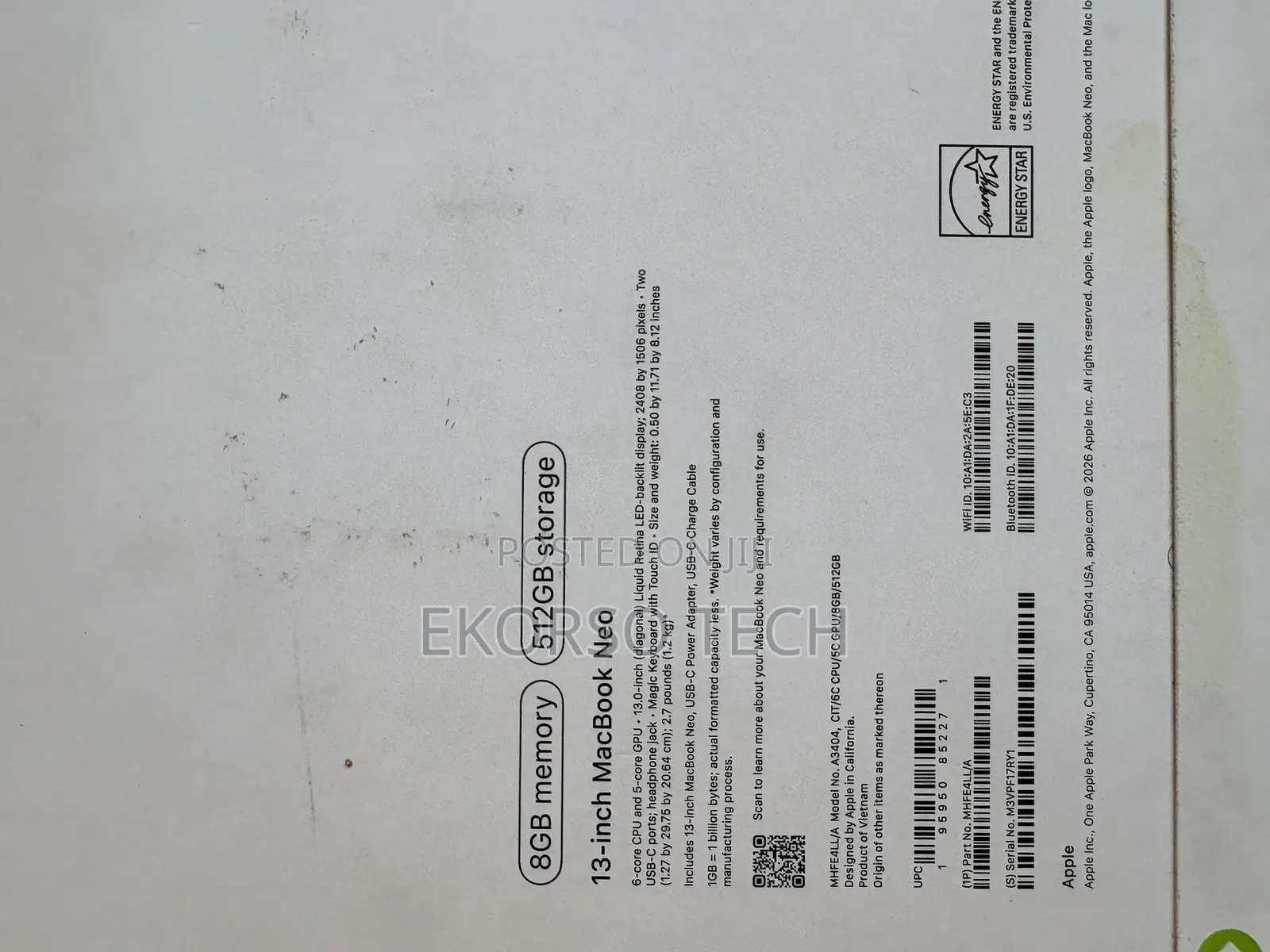 New Laptop Apple MacBook Neo 2026 8GB SSD 256GB