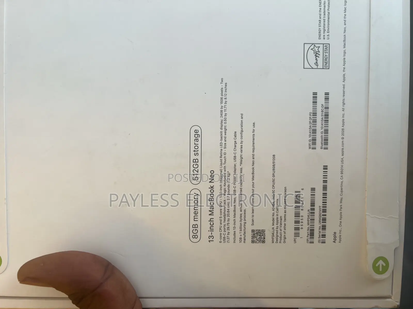New Laptop Apple MacBook Neo 2026 8GB SSD 256GB