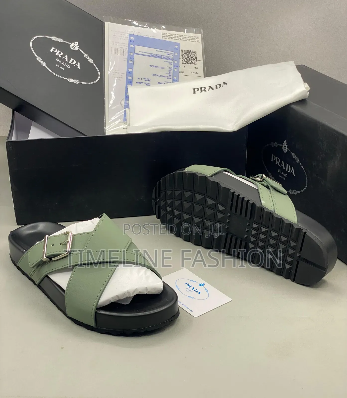Olive Green Prada Milano Cross Leather Slippers