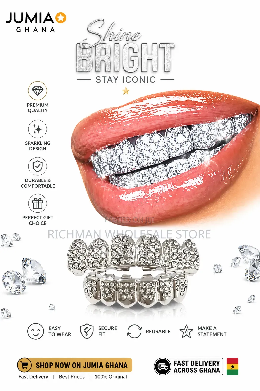 Luxury Iced-Out Teeth Grillz Silver Diamond Hip Hop Removable Grill