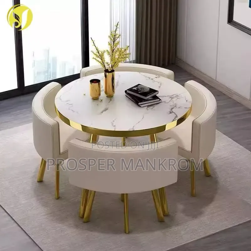 Dinning Gold Marble Table and 4 Set Chairs