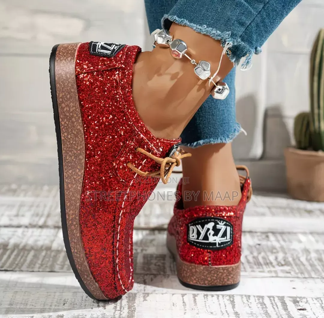 Red Glitter Platform Loafers for Women