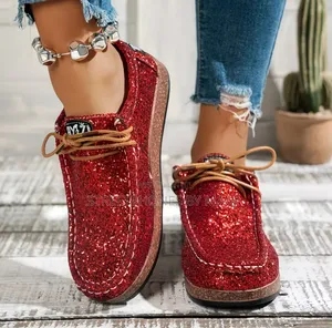 Red Glitter Platform Loafers for Women