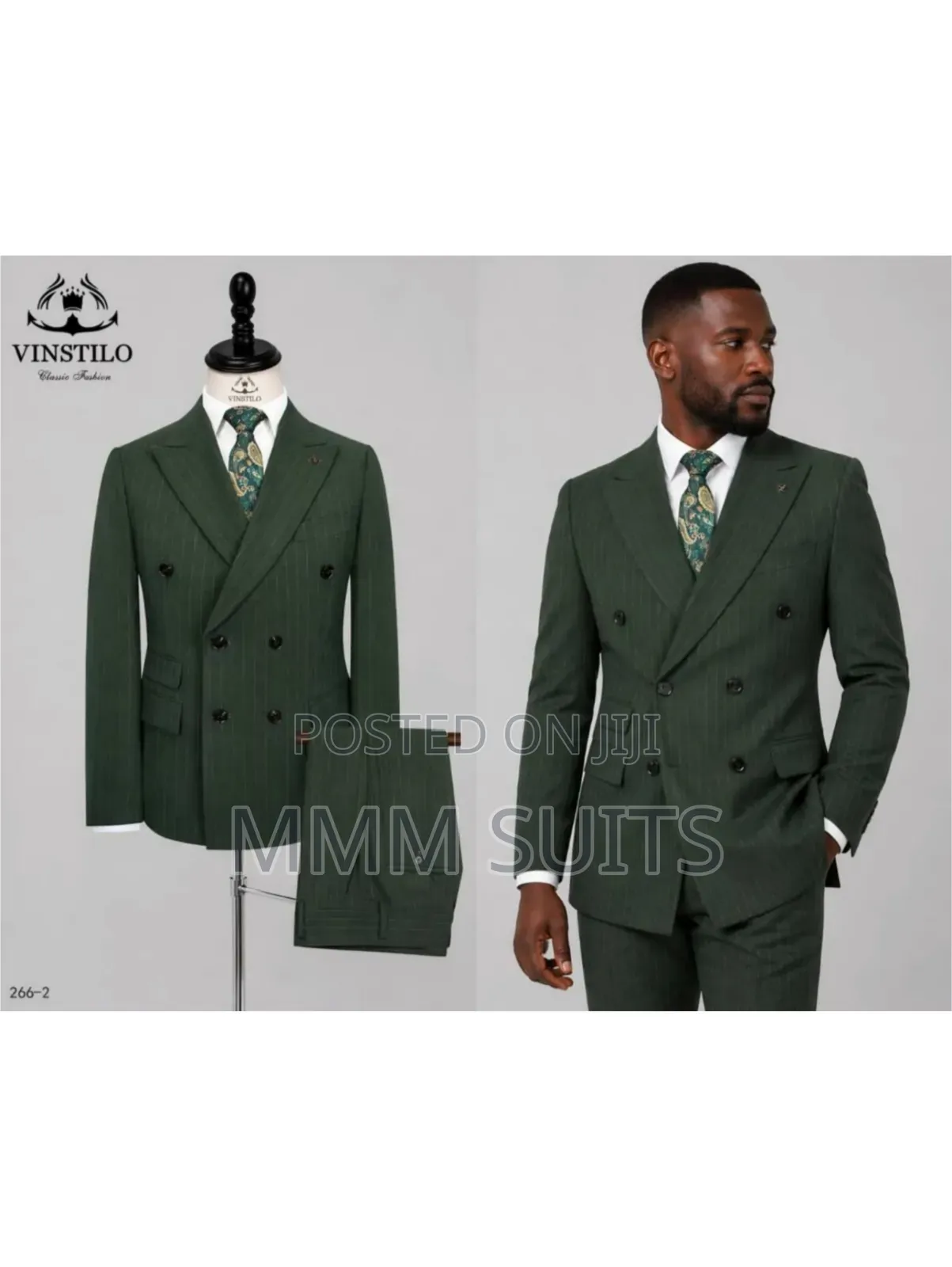 Eloquent Striped Vinstillo Double-Breasted Men's Suit in Army Green