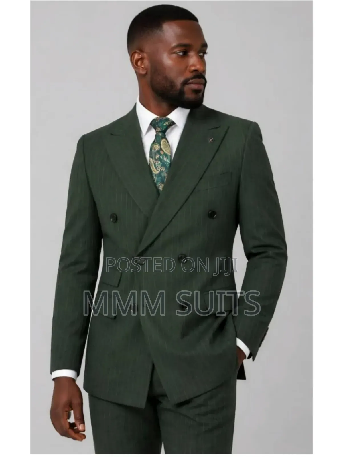 Eloquent Striped Vinstillo Double-Breasted Men's Suit in Army Green