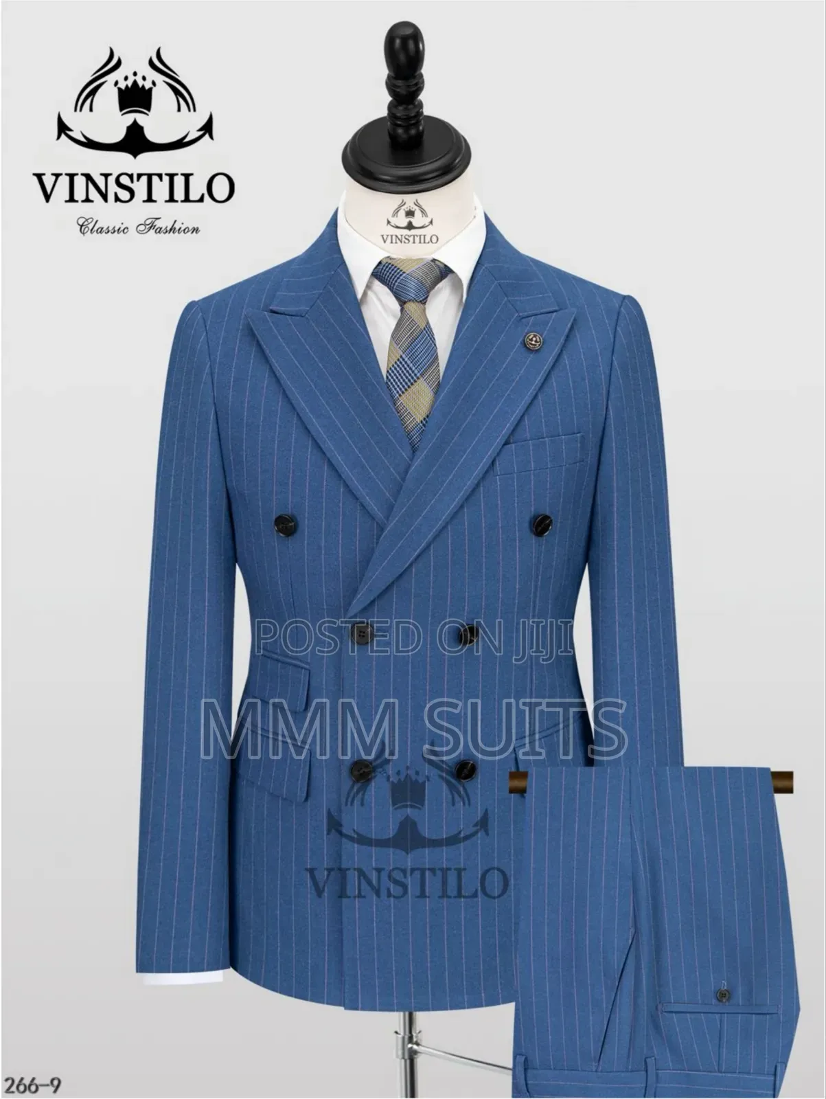 Eloquent 2-Piece Double-Breasted Vinstillo Striped Men's Suit Sea Blue